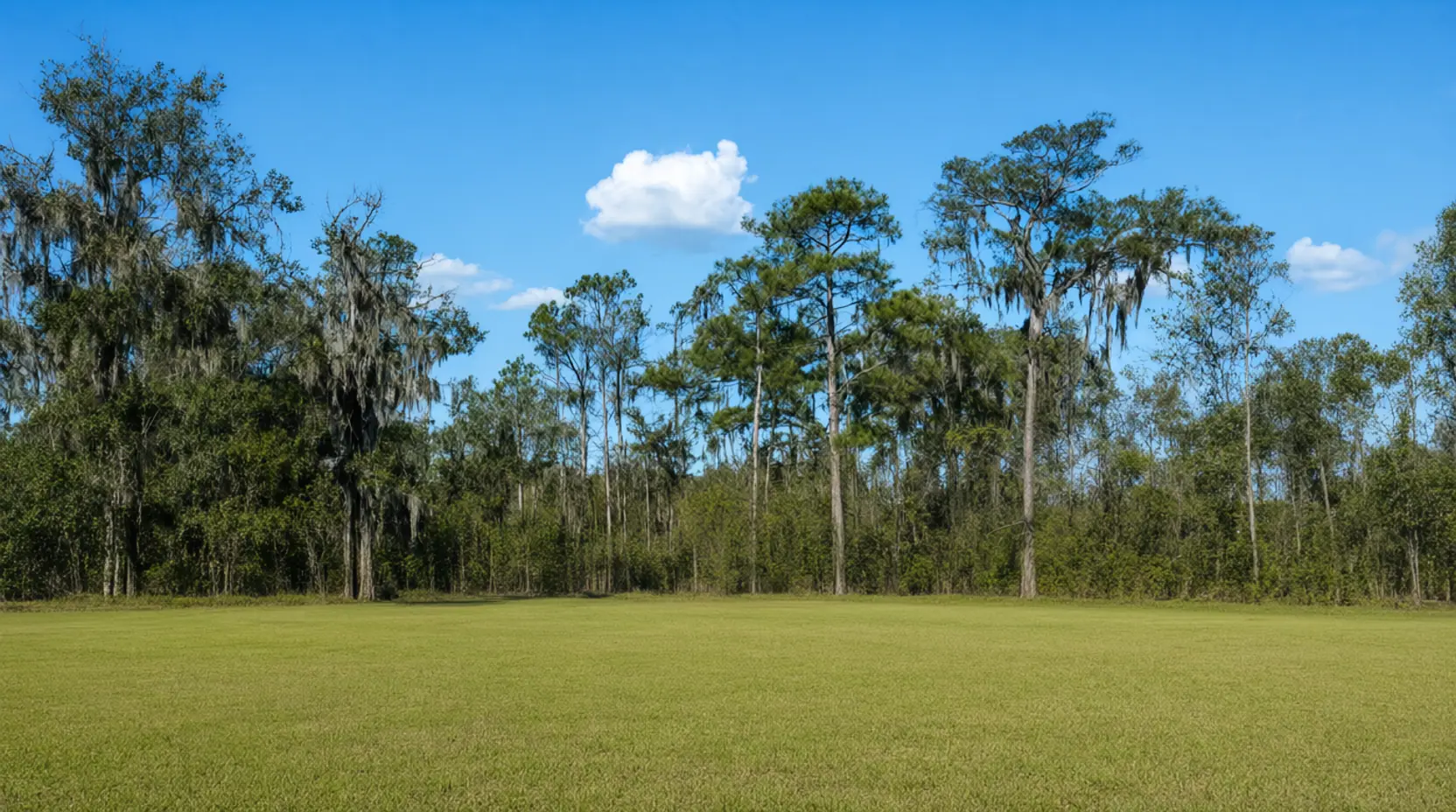 The same acreage opened to mowed grass with the live oaks and pines kept, after clearing, tree clearing in Jacksonville, FL