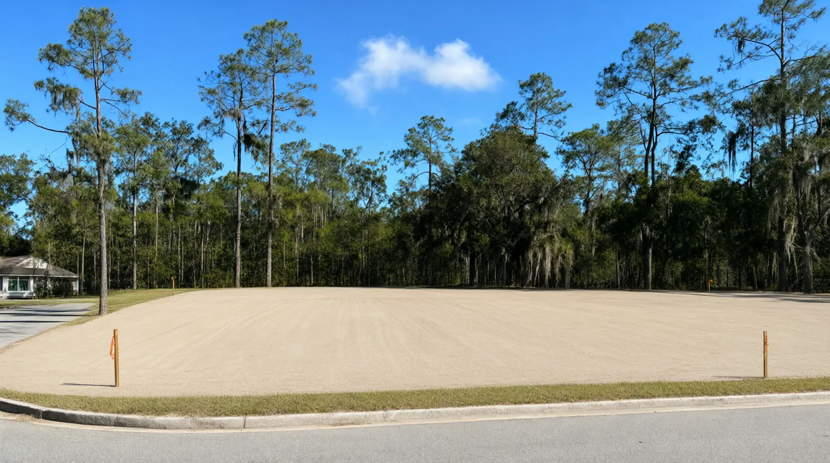 The same lot cleared to graded sand with survey stakes and pines left standing, site prep & dirt work in Jacksonville