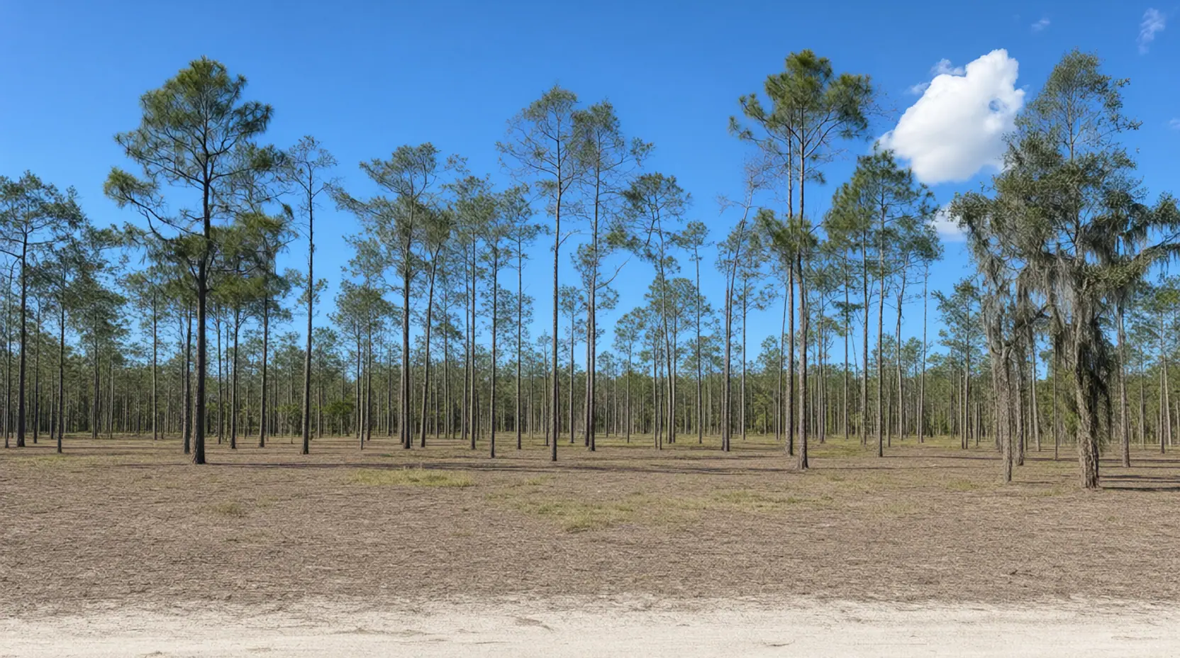 The same pine stand after understory forestry mulching, floor open, brush clearing in Jacksonville