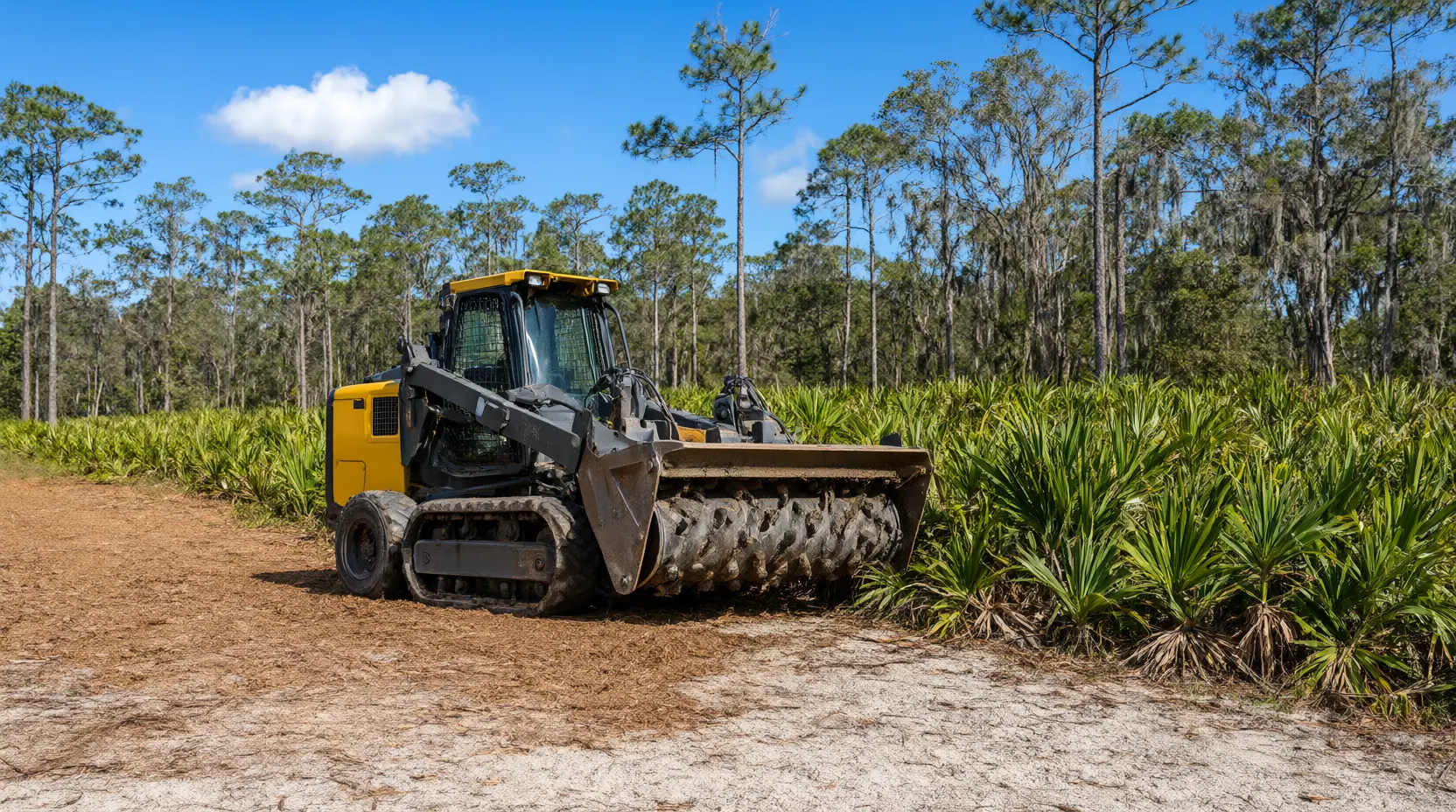 Skid steer forestry mulcher at the edge of saw palmetto under pines, forestry mulching in Jacksonville, FL