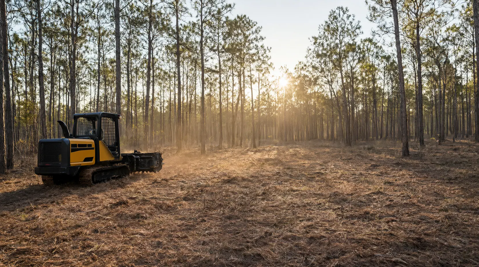 Tracked mulcher in an open pine stand at sunrise after understory clearing, our crews at work around Jacksonville