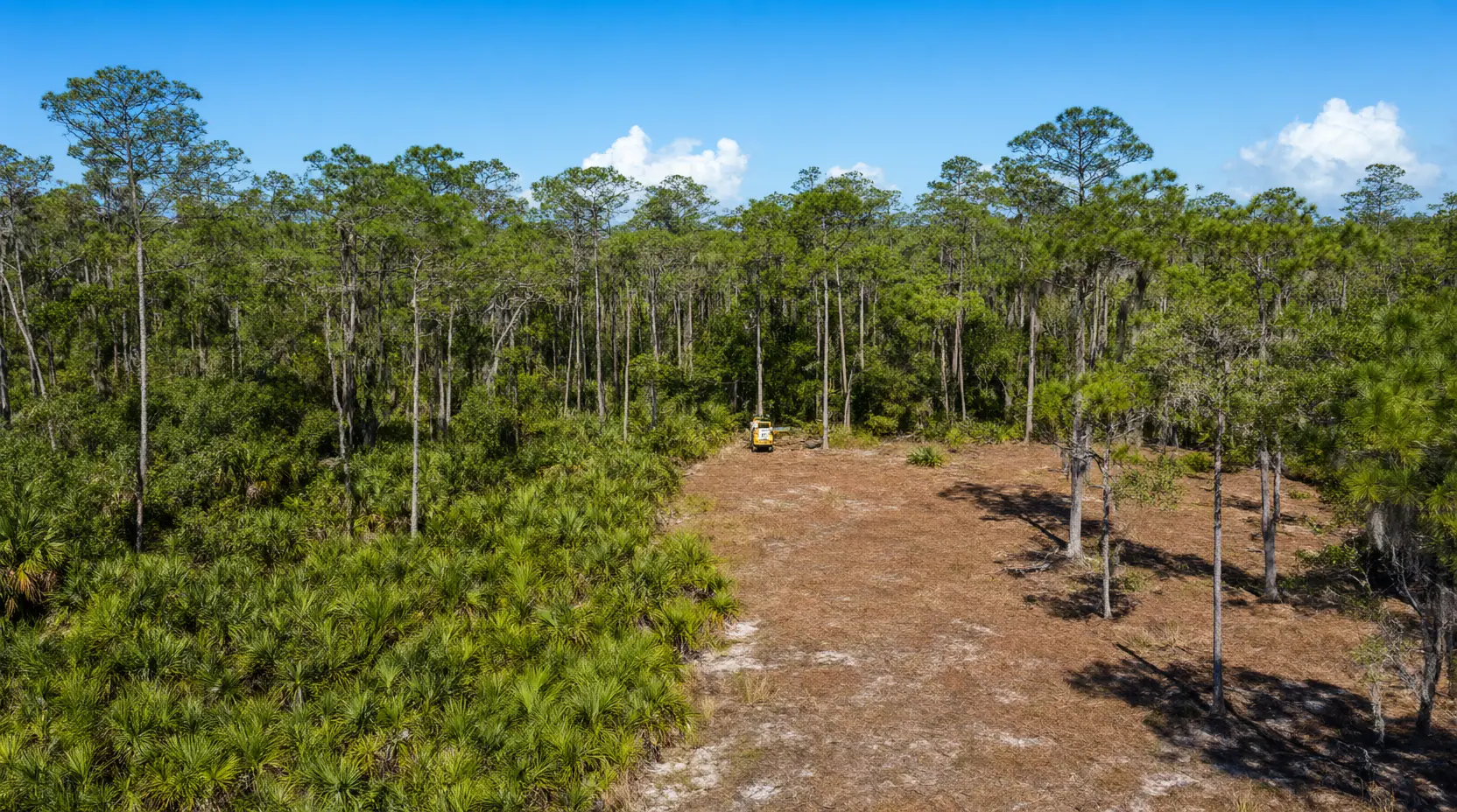 Aerial view of a cleared strip through palmetto flatwoods with pines kept, tree clearing in Jacksonville