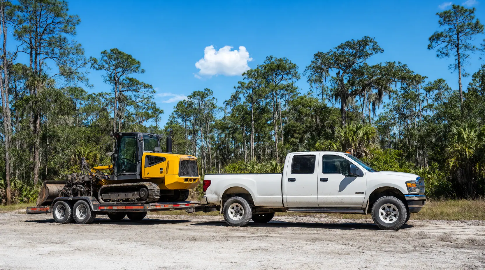 Pickup truck towing a compact track loader on an equipment trailer, forestry mulching in Jacksonville, FL