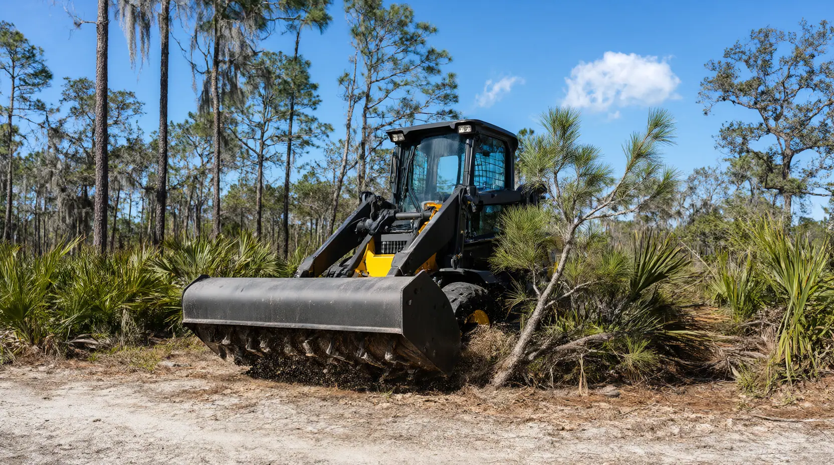 Skid steer with a drum mulcher grinding saw palmetto between slash pines, land clearing in Jacksonville, FL