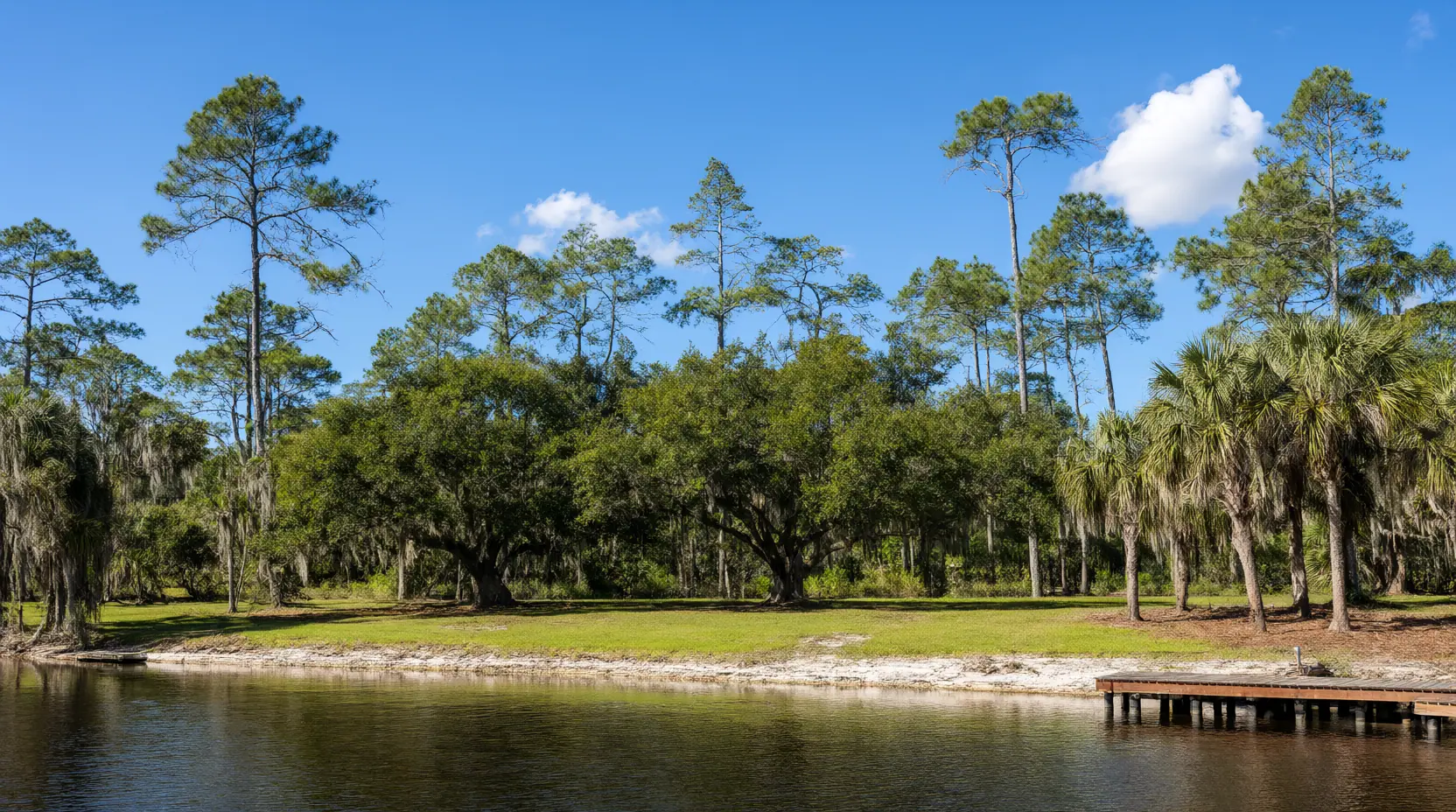 Cleared waterfront lot with live oaks and cabbage palms kept along the shore, land clearing in Jacksonville, FL
