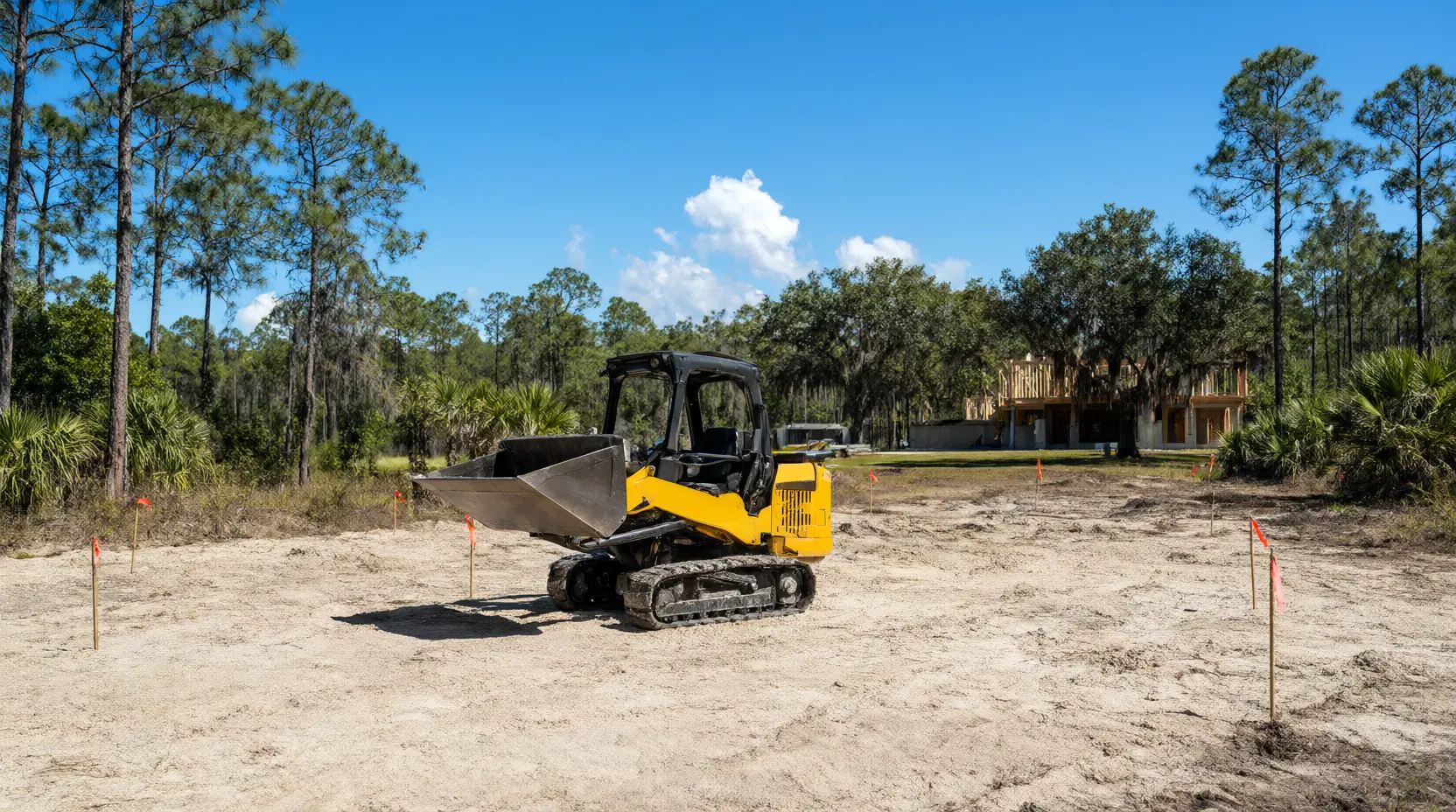 Compact track loader rough grading a staked house lot on sand, lot clearing in Jacksonville