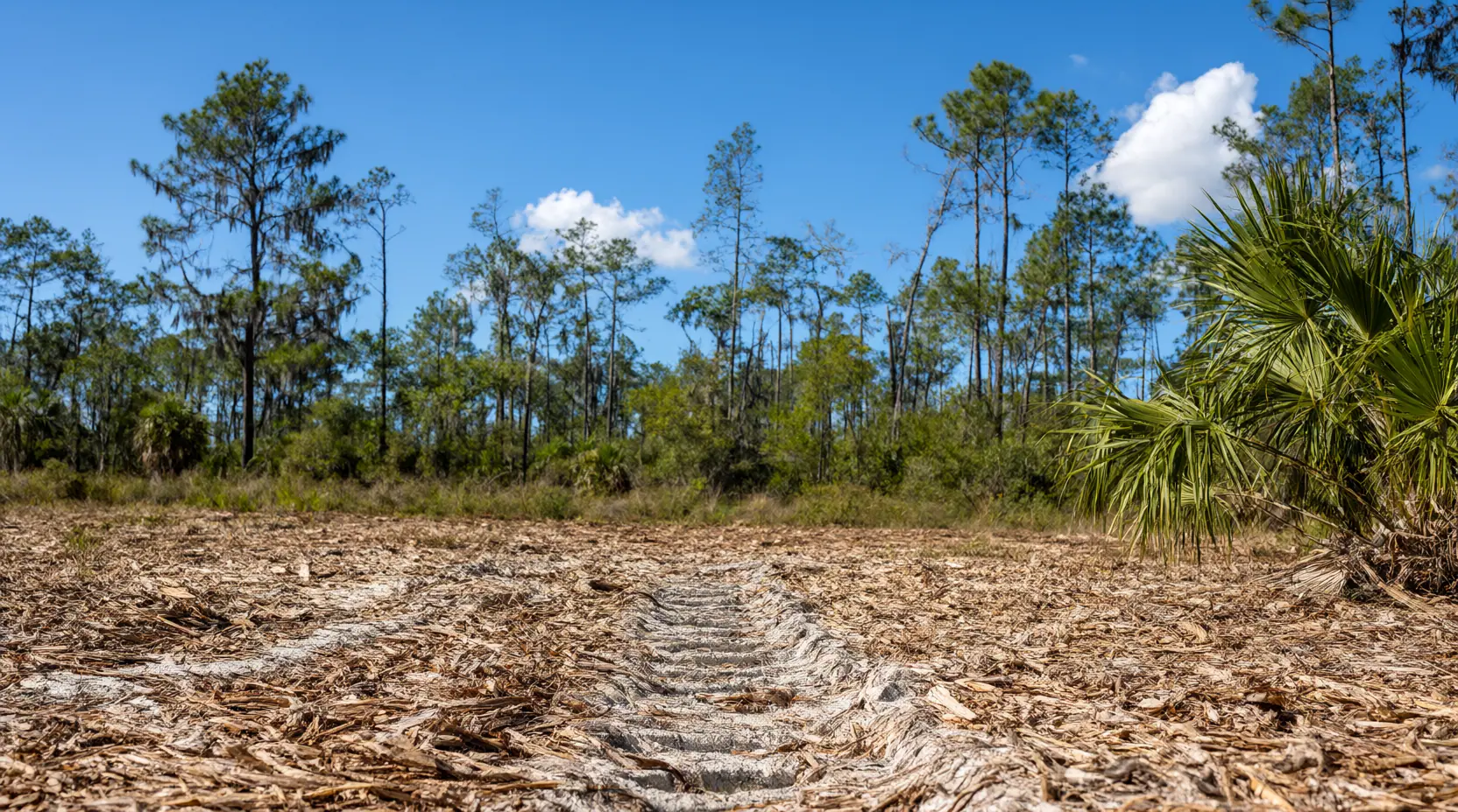 Mulch layer and track marks left on the ground after forestry mulching, stump grinding in Jacksonville