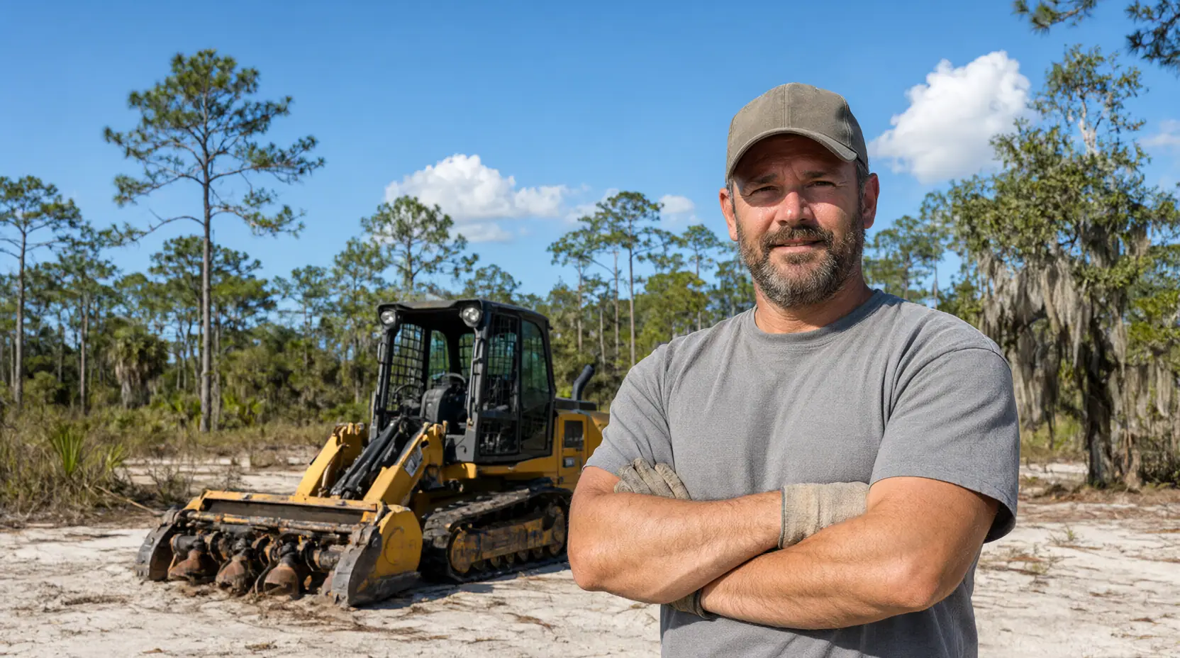 Equipment operator standing beside a skid steer mulcher on a cleared sand lot, land clearing in Jacksonville, FL