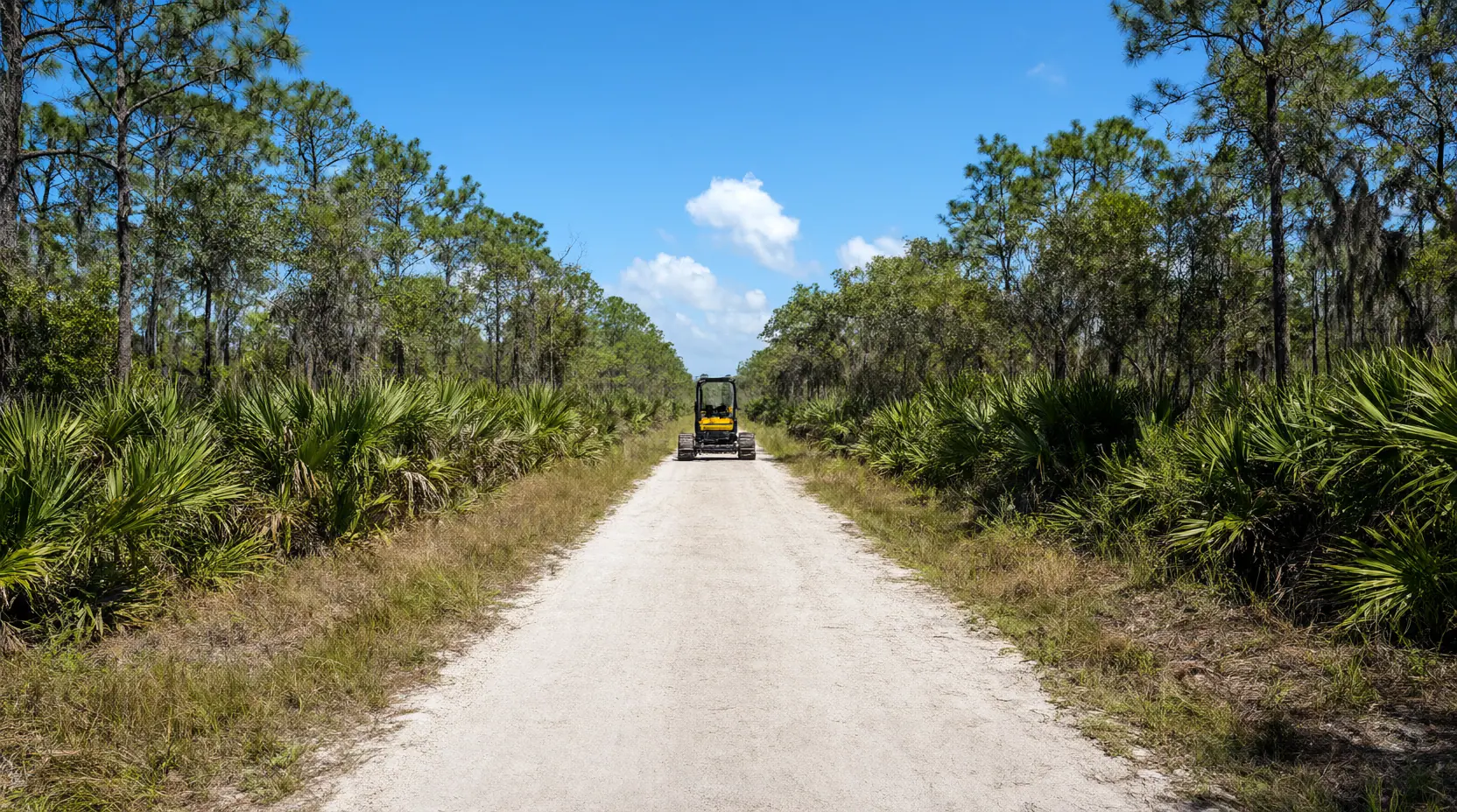Sand access road cut through palmetto and pine with a mulcher at the far end, brush clearing in Jacksonville, FL