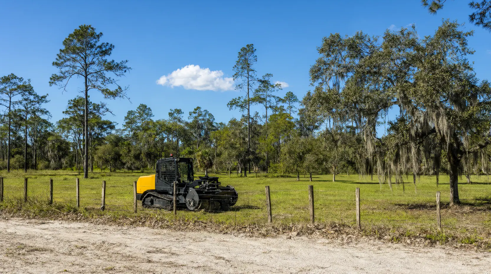 Mulcher working a fence line along open pasture with pines and oaks behind, site prep & dirt work in Jacksonville, FL
